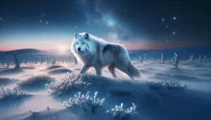 Visualize the article title 'Tundra Wolf (Canis lupus albus)' as a detailed scene. The setting is an expansive snowy tundra under a clear star-studded winter skies. In the middle, a majestic Tundra Wolf with its dense white coat is prowling, its clear blue eyes fixed on something afar. Its thick fur is ruffled by the chill arctic wind. Surrounding the wolf are patches of dwarf shrubs peeking out from the blanket of frost. Do not incorporate any human presence, logos, brands, or textual descriptions within the scene.