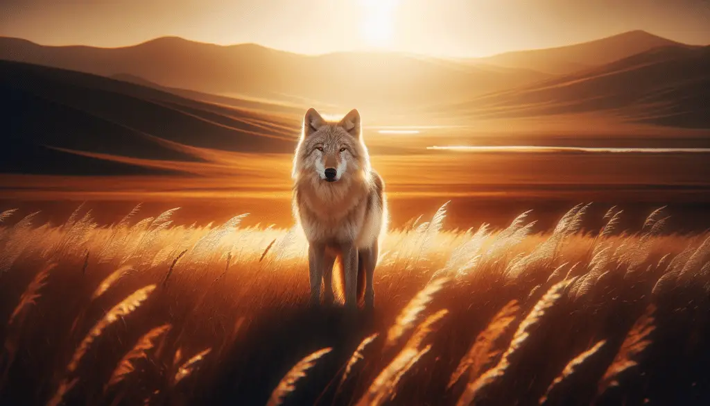 Visualize a steppe wolf, known scientifically as Canis lupus campestris, in its natural habitat, under the golden sunlight. The animal may be standing proudly with its fur shinning beautifully in the light, showcasing its lean physique and perfectly healthy body. The serene environment around it consists of wide open grasslands, symbolic of Eurasian steppes, with few isolated trees and shrubs. The powerful winds blow the long steppe grasses creating beautiful waves. In the background, extend a mountain range stretching far into the horizon. Please ensure no people, text, or brand names appear in the scene.