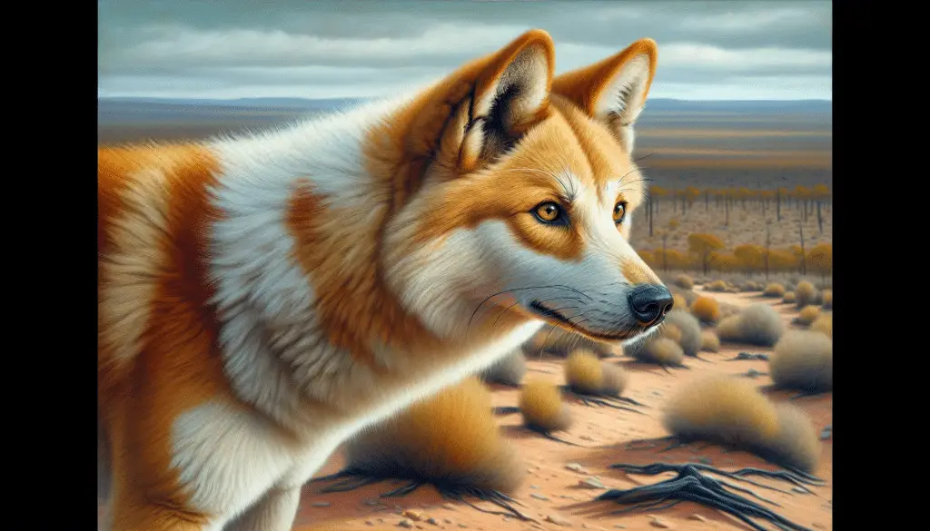 A detailed portrait of a Dingo (Canis lupus dingo), the representative wild dog native to Australia. The scene captures the animal in its typical environment - the Australian Outback. The Dingo is caught mid-stride, its gaze focused on something unseen. Its fur is a blend of ginger, white and black, providing excellent camouflage against the sandy terrain. The muted colors of the deserted plains contrast with the vivid blue of the Australian sky. No humans, text, brand names, or logos are to be included in the image.