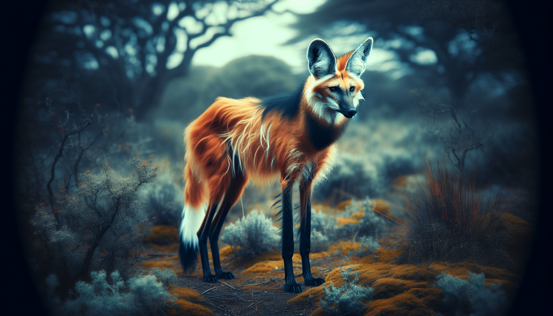 A vivid and detailed image of a Maned Wolf, also known by its scientific name, Chrysocyon brachyurus. This solitary, nocturnal creature is beautifully portrayed in its natural habitat of South America's open and semi-open habitats. The wolf's long, thin legs contrast starkly with its thick, reddish fur, making it a truly unique sight. Its black mane is erect, signaling alarm or warning in the wild. Creating a sense of isolation, focus only on the wolf and the surrounding foliage and land, omitting any human presence or man-made objects from the scene.