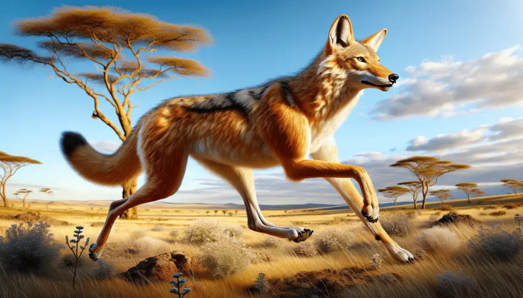 A detailed, lifelike depiction of an African Golden Wolf, scientifically known as Canis anthus, set against the background of its natural African habitat. The majestic carnivore is in motion, but its strides are graceful, measured, showcasing its nimble agility. The sunlight catches the wolf's dense golden coat, bringing out the sheen and deeper hues hidden in the fur. Around it is the rich biodiversity characteristic of its ecosystem – grasslands punctuated with Acacia trees and a wide, blue sky overhead. Ensure that there are no humans, brands, logos, or textual elements in the image.