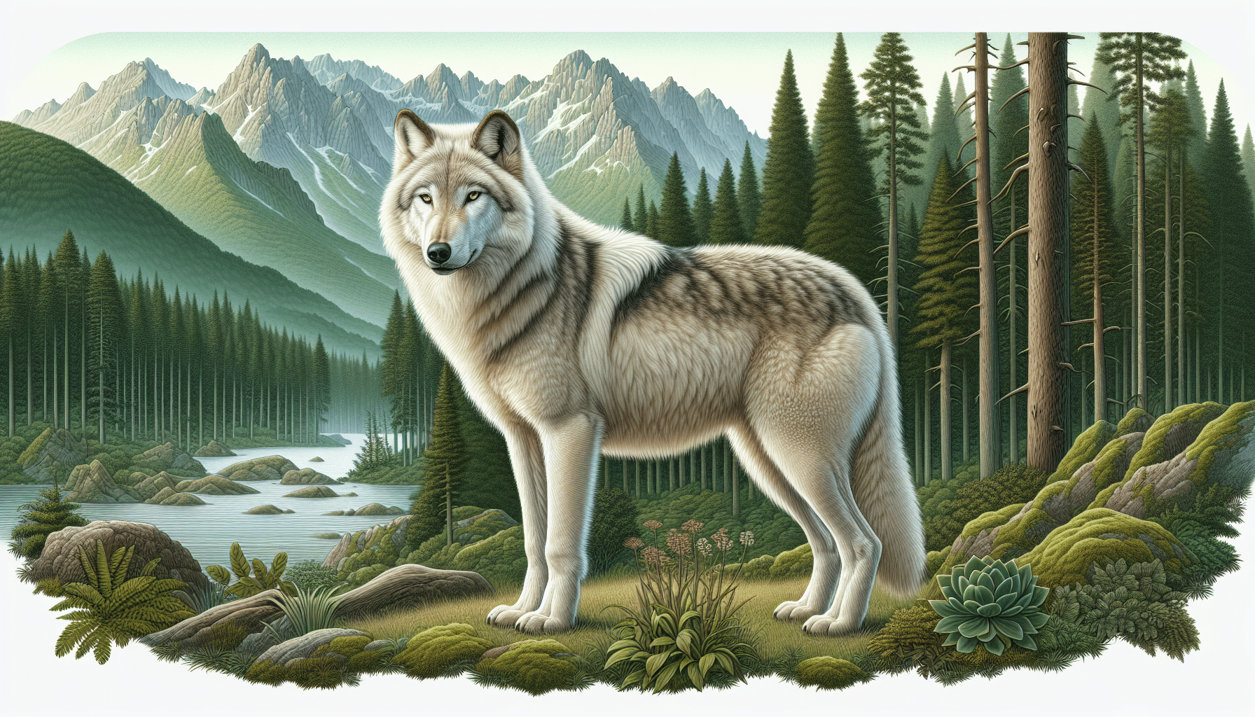 An accurate and detailed illustration of the Honshu Wolf, scientifically known as Canis lupus hodophilax. This unique wolf species is artistically represented in its natural habitat on the island of Honshu, Japan. The backdrop consists of lush green forests and high rocky mountains, all devoid of any human structures, logos or textual elements. The wolf, the main focus, stands with a majestic posture, its fur details, body structure and captivating eyes appealingly visible. There's a tranquil setting, with no humans or manmade objects around, solely emphasizing the beauty and aura of the disappeared wolf.