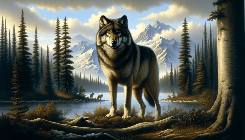 Conjure a detailed landscape image embodying the rich wilderness found in the Kenai Peninsula, Alaska. In the heart of this scene, show an imposing Wolf, specifically a specimen of Canis lupus, standing proudly. Make sure the wolf's form exhibits attributes unique to the Kenai Peninsula Wolf, such as bigger size and darker fur. The background should have no visible human presence, showcasing only natural elements—tall pines, snow-capped mountains, a vast sky, and a serene lake. Remember not to incorporate any text, brand logos, or human figures in this visual rendering.