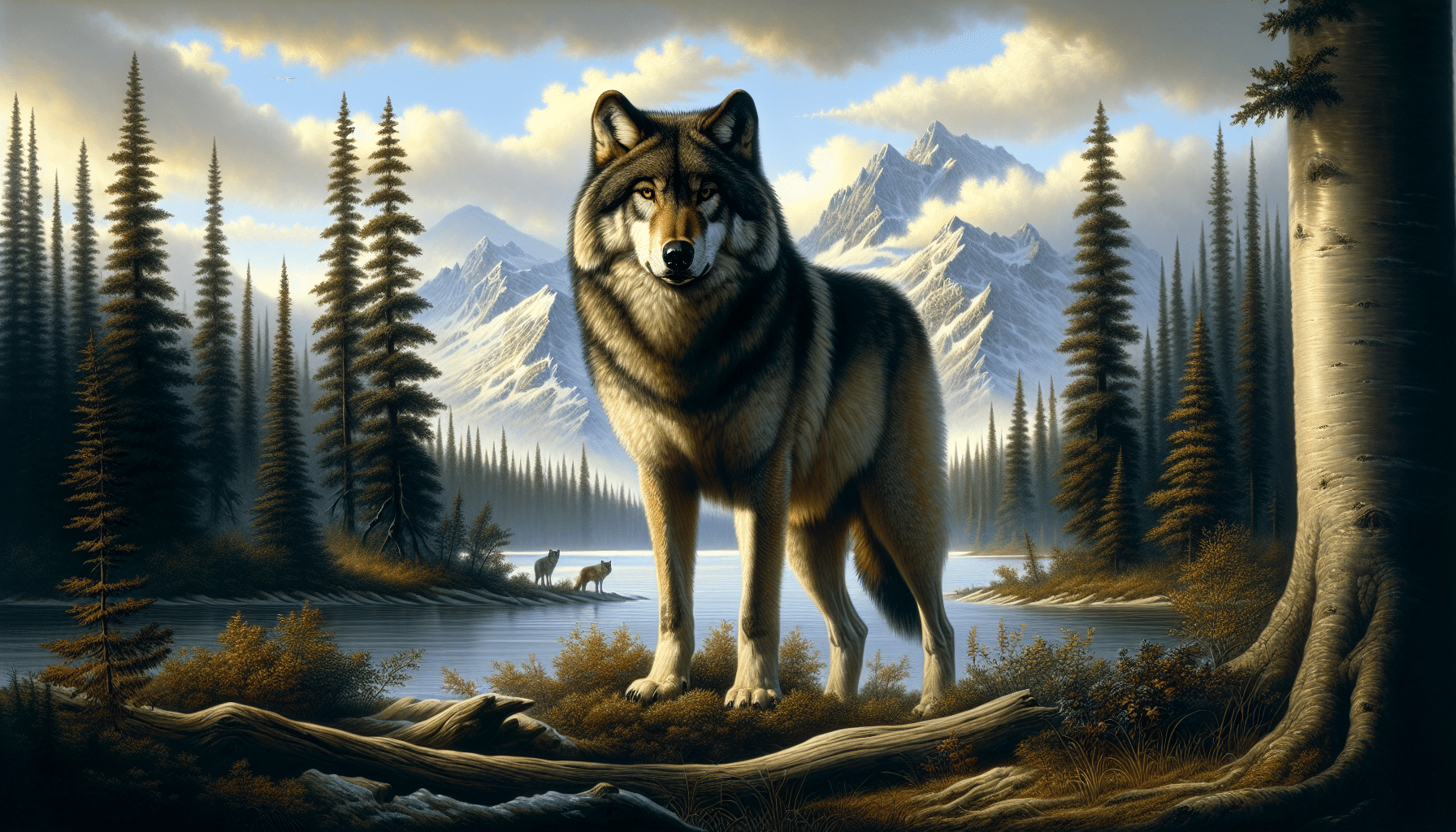 Conjure a detailed landscape image embodying the rich wilderness found in the Kenai Peninsula, Alaska. In the heart of this scene, show an imposing Wolf, specifically a specimen of Canis lupus, standing proudly. Make sure the wolf's form exhibits attributes unique to the Kenai Peninsula Wolf, such as bigger size and darker fur. The background should have no visible human presence, showcasing only natural elements—tall pines, snow-capped mountains, a vast sky, and a serene lake. Remember not to incorporate any text, brand logos, or human figures in this visual rendering.