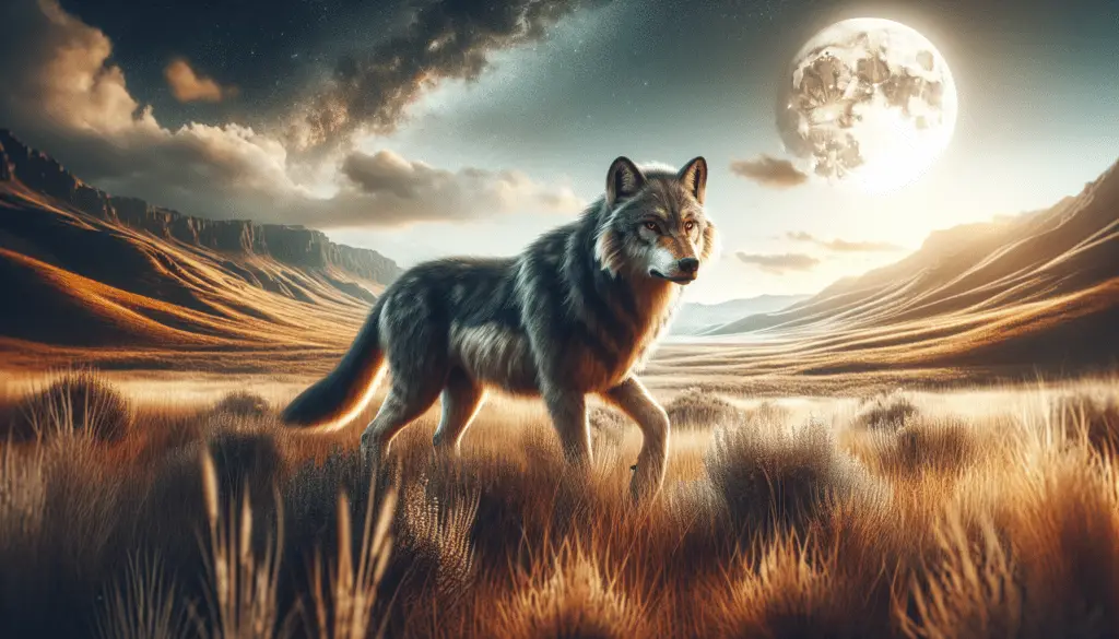 Visualize a scene with a well-detailed Canis dirus, more commonly known as the Dire Wolf. Imagine a wild, open environment that reflects the habitat these prehistoric creatures would have once roamed. Capture the majesty and power of the creature in its natural environment such as expansive plains or dense forests. Ensure that no people or man-made objects like brand logos are included in the image. Also, avoid including any form of text within the image or on any items.