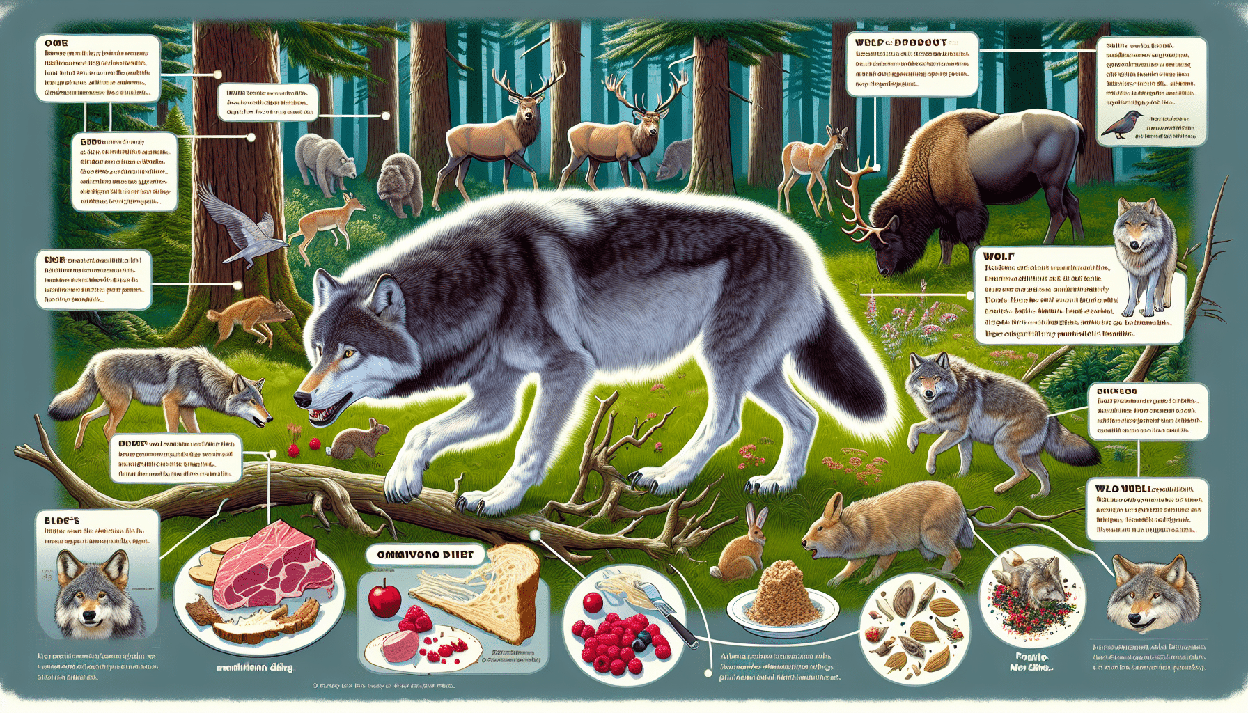 An educational illustration that depicts the diet of a wolf in a natural forest setting. Show the wolves hunting different animals such as elks, bison, and smaller prey like rabbits or squirrels. Also, show evidence of other food sources such as berries and vegetation subtly scattered around the scene to demonstrate their omnivorous diet. Include details such as fur markings and sharp claws to instill the idea of wolves being skilled predators. No humans, text, brand names, or logos are present in the image.