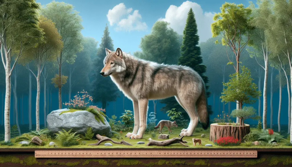 A visual representation showcasing the size of a wolf. The image should have a life-sized wolf standing erect in its natural forest habitat, surrounded by typical flora. To give a sense of scale, compare the wolf's height with various objects such as a 6-foot long wooden ruler, an average sized tree, and a large rock. The texture, color, and details of the wolf should be realistic and the overall scene should depict a tranquil day with clear, blue skies. All objects should be generic without any brand names or logos. The image should not include any human or text.