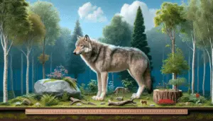 A visual representation showcasing the size of a wolf. The image should have a life-sized wolf standing erect in its natural forest habitat, surrounded by typical flora. To give a sense of scale, compare the wolf's height with various objects such as a 6-foot long wooden ruler, an average sized tree, and a large rock. The texture, color, and details of the wolf should be realistic and the overall scene should depict a tranquil day with clear, blue skies. All objects should be generic without any brand names or logos. The image should not include any human or text.