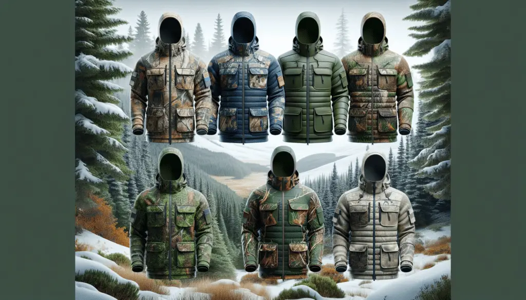 Visualize an assortment of unbranded hunting jackets, each with a different design and coloring to suit various terrains. The jackets should all show off advanced hunting features like ample pocket spaces, camouflage patterns, high collars, and waterproof materials. The surrounding environment should illustrate the different ecosystems they're designed for, including a dense forest, a snowy mountain, a grassy plain, and a dessert. All are positioned in such a way that they hold their shape despite no people wearing them. Do not include any text within the image or on the jackets.