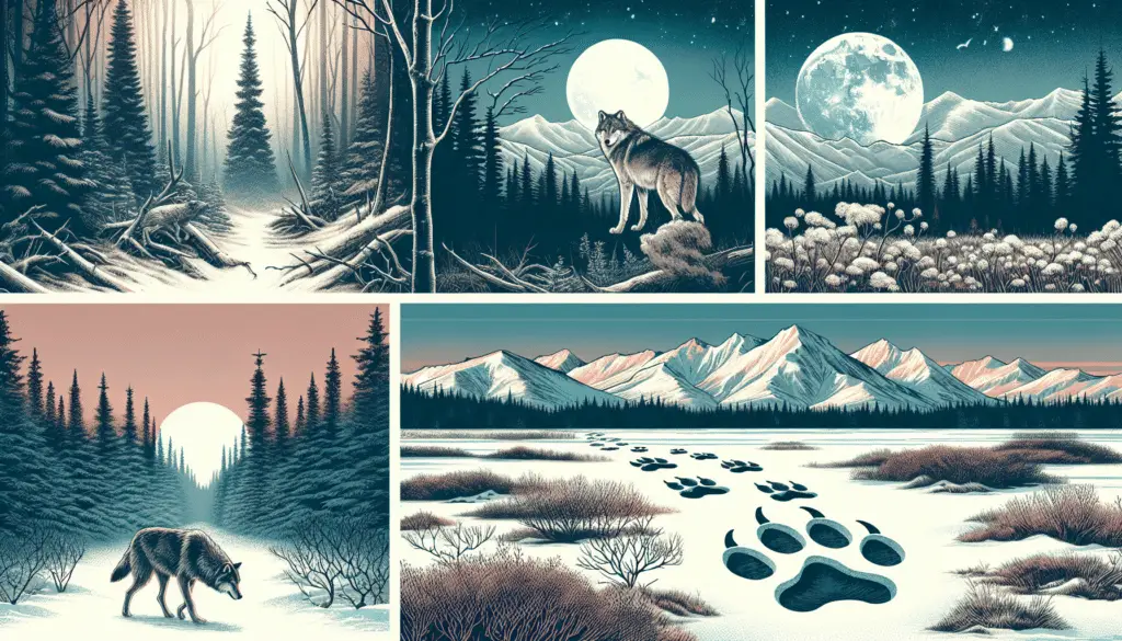 Illustrate a diverse collection of habitats where wolves are known to reside. These include a dense, snow-covered forest revealing signs of wolf activity, a sweeping mountain range suggesting the distant presence of a wolf pack, and an open tundra with fresh wolf paw prints in the frozen ground. Overlay this with imagery of a full moon behind the clouds to tie into the wolf's nocturnal nature. Ensure that there are no human structures, symbols, or logos present anywhere. The image should convey the wolf's natural environment and lifestyle absent of human interference.