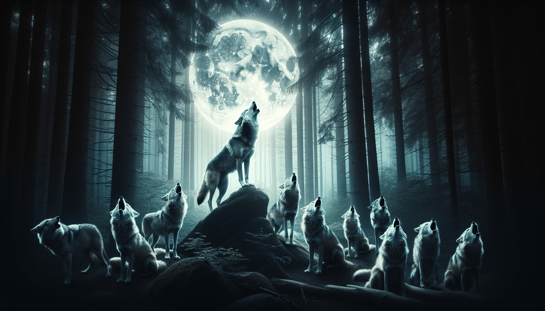 Visual representation of a pack of wolves in a dense forest under the soft glow of a full moon. The alpha wolf stands on a rocky ledge with its head raised skyward emitting a powerful howl. The other members of the pack join in, creating a beautiful symphony of howls resonating through the tranquil forest. The image captures the mysterious and hauntingly beautiful atmosphere associated with wolves realising packs communicating in their natural habitat. There are no people present in the scene, and it's devoid of any textual content or brand-specific elements.