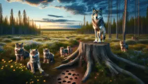 A picturesque natural wilderness under a serene blue sky during the sunset. In the distance, a pack of healthy-looking wolves, embodying different stages of their life - pups frolicking around, juveniles exploring and adult wolves keeping an alert watch over the activities. A strong, seasoned wolf stands a little apart, its wise gaze looking into the horizon, representing the longevity of wolves in the wild. The foreground is adorned with wildflowers and traces of paw prints leading into the deep woods, indicating wolves thriving in their natural habitat.