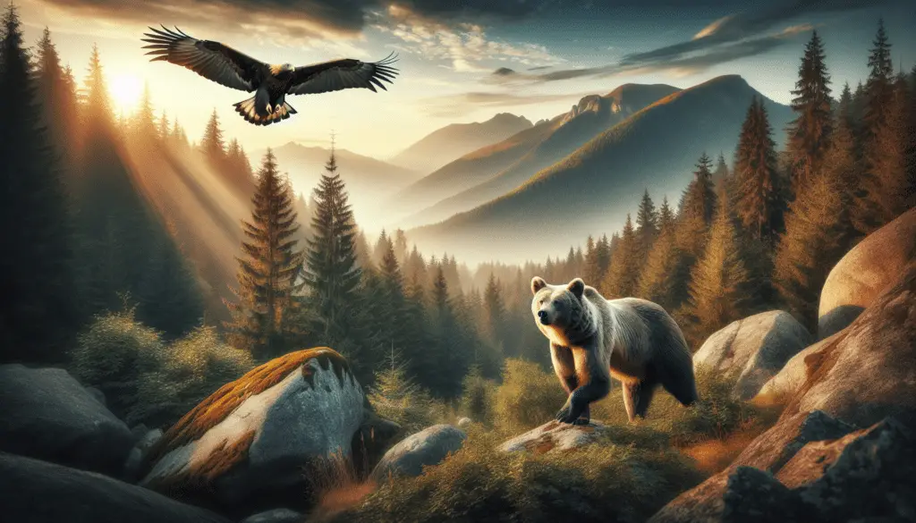 A natural setting, enveloped by lush forests which transitions into rocky outcrops. An imposing brown bear, known for its status as a natural predator of the wolf, stealthily roams around. In the sky above, a golden eagle, another adversary of wolf pups, soars majestically. These two creatures are part of the few who play a role in the predator-prey cycle of wolves. Create this scene at the break of dawn, the sun casting long, soft rays across the landscape, lending an ethereal quality to the image. Make sure there are no text, people, brand names, or logos present.