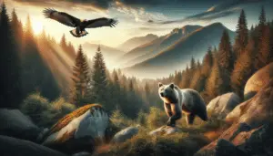 A natural setting, enveloped by lush forests which transitions into rocky outcrops. An imposing brown bear, known for its status as a natural predator of the wolf, stealthily roams around. In the sky above, a golden eagle, another adversary of wolf pups, soars majestically. These two creatures are part of the few who play a role in the predator-prey cycle of wolves. Create this scene at the break of dawn, the sun casting long, soft rays across the landscape, lending an ethereal quality to the image. Make sure there are no text, people, brand names, or logos present.