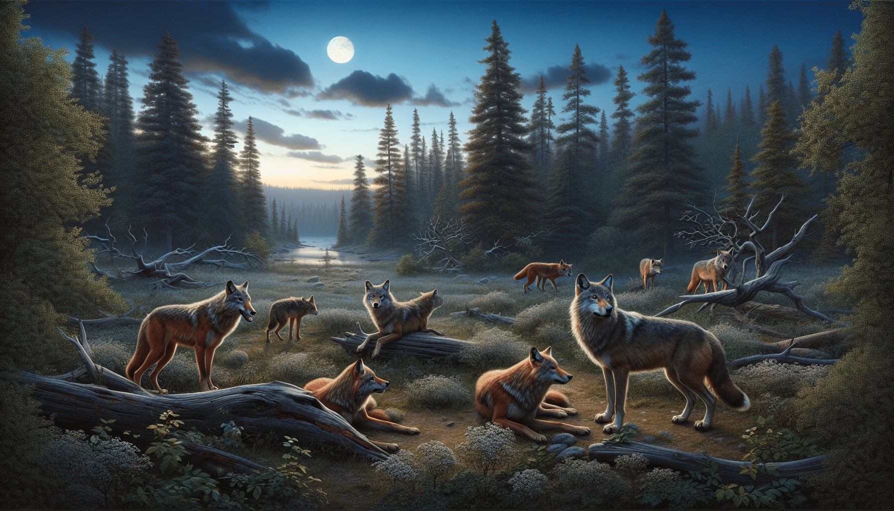 Image of a scenic North American woodland at twilight. Five red wolves are visible, spread throughout the picture – one is playfully chasing its tail, another is lying down, while the others are gazing off into the distance. The moon is visible in the twilight sky, casting a silvery shine over the fauna.