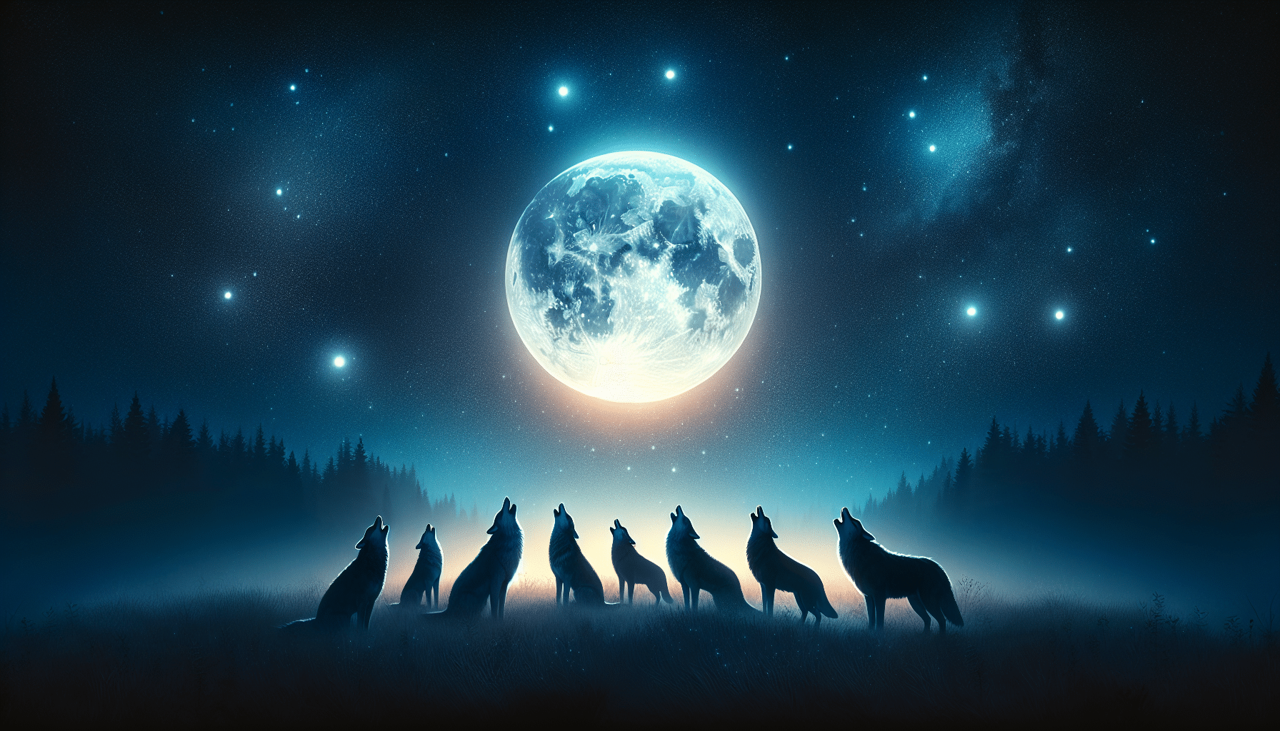 A night sky is depicted with a vibrant full moon nestled amongst the stars. A pack of wolves is captured in an open field, silhouetted against the light of the moon. They are howling, their mouths opened wide, their heads tilted towards the ethereal light of the moon, embodying the mystery surrounding their behavior. There are no humans or brands evident in the scene. The wilderness is tranquil, and the atmosphere is filled with the eerie yet captivating echo of the wolves' howling, a reverberation telling a tale as old as time itself.