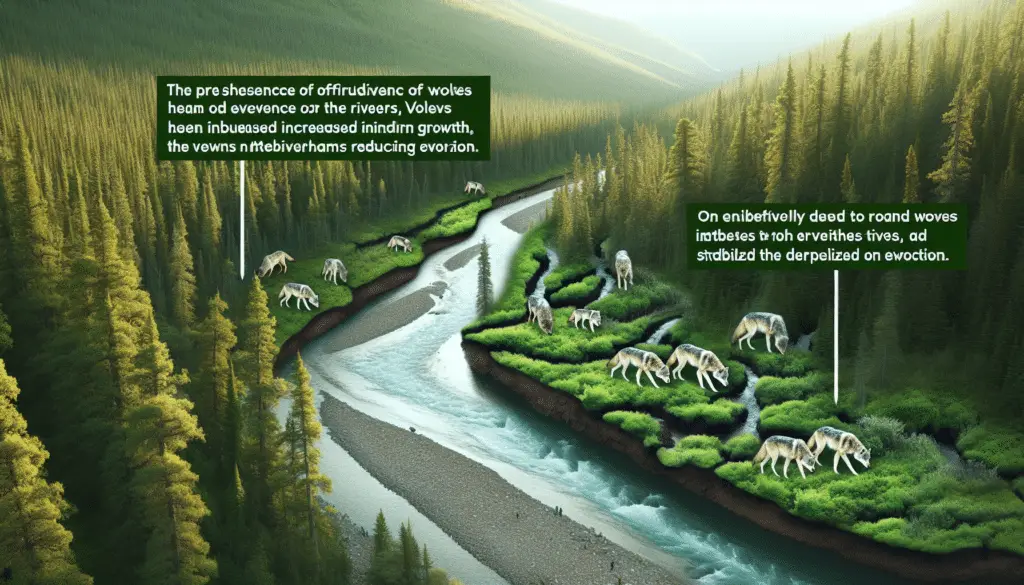 A captivating natural scene revealing the ecological impact of wolves on rivers. In one part of the image, a group of wolves are hunting for a prey in the dense forest. The presence of wolves has indirectly led to increased vegetation growth, providing a green, thriving scenery. This has in turn stabilized the riverbanks reducing erosion. The river flowing through this landscape is narrow, twisting and clean, with small sections of rapids. There are no humans or other signs of civilization, and no text or brand names to distract from the pure wilderness theme.
