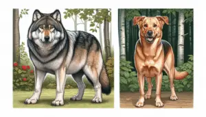 An illustration capturing a visual comparison between a gray wolf and a typical domestic dog in a natural setting. The wolf has a thick, mottled gray coat, powerful build and alert eyes. The dog is of a common breed like a Golden Retriever, and has a friendly expression. They are standing side by side showcasing their relative sizes and builds, against a background of a leafy forest clearing. No human figures, text, brand names, or logos are present.