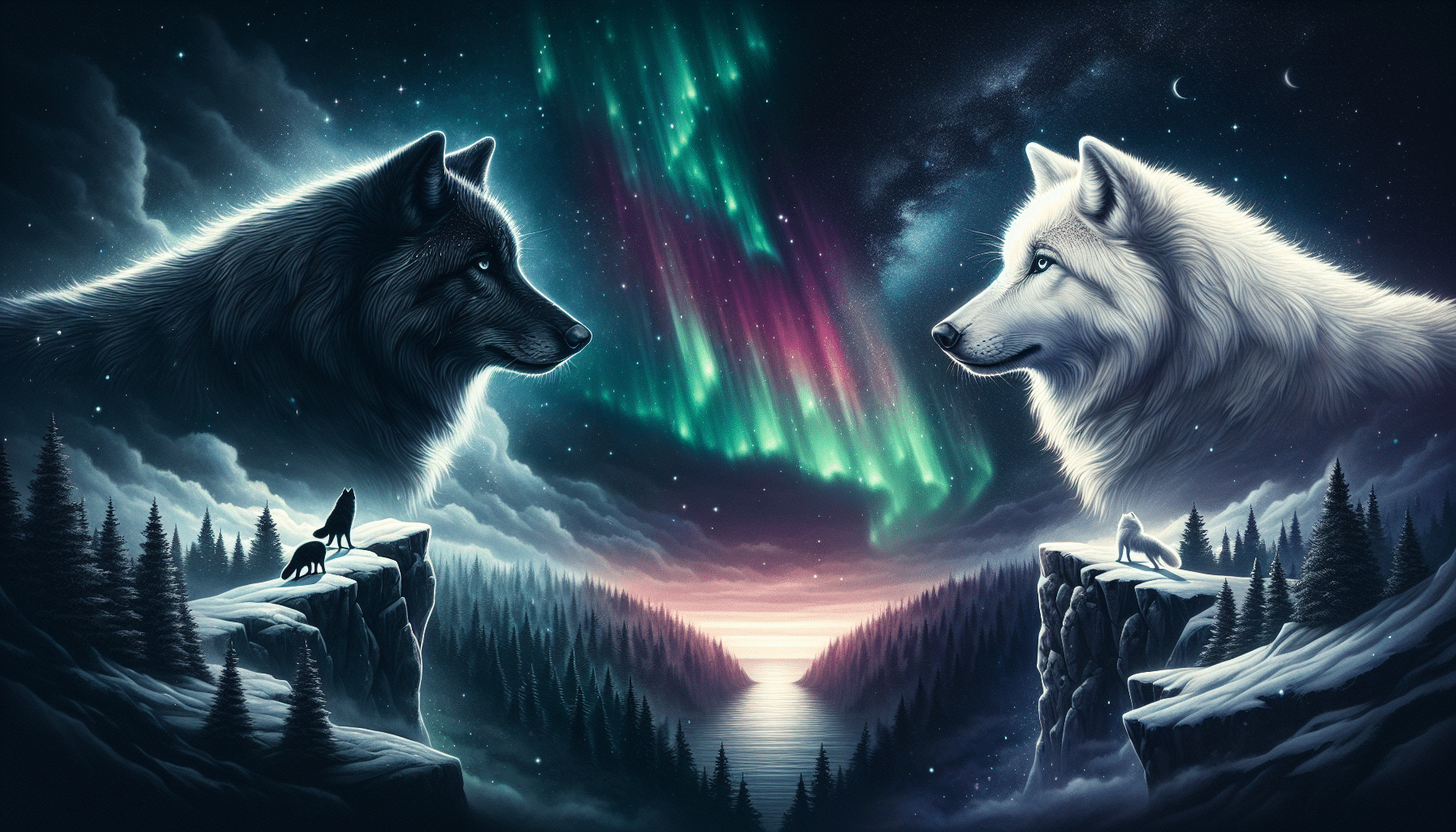 An image showcasing the symbolism of wolves: Two majestic wolves, one black and one white, stand on opposing cliffs under a starlit sky. The black wolf looks out towards a dense, dark forest symbolizing mystery, bravery, and survival instinct. The white wolf gazes at an open, snowy expanse, epitomizing purity, wisdom, and strong family bonds. An aurora borealis dances in the sky above them, the colors reflecting in their eyes, hinting at an enigmatic, spiritual connection with the universe.