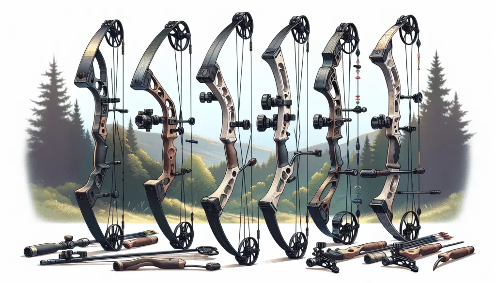 Illustrate a variety of high-quality hunting bows. The bows are aesthetically pleasing and modern in design, each demonstrating different features to represent their capacities. Some bows are shown from the front, others at a side angle to give a better view of the grip and the tension mechanism. The bows come in various sizes and their strings are tense, indicating readiness for use. The backdrop is outdoor scenery, lush green forest signifying the environment typically associated with hunting. Note, there are no brand logos or names on the bows, and no people or text in the image.