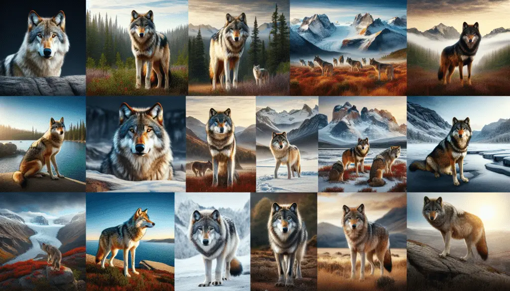 A diverse group of wolves in various environments. To represent different regions, create about seven distinctive scenes within one image. Each scene should depict one to three wolves in their respective environment, encountered in different parts of the world. Examples of such environments could include lush forests, snowy mountains, barren tundra, grassy plains, and craggy cliffs. Make sure to keep the wolves as the prominent subjects and refrain from including any human figures, text, brand names, or logos. Captivate the viewer with the natural beauty and majesty of the wolves and their habitats.
