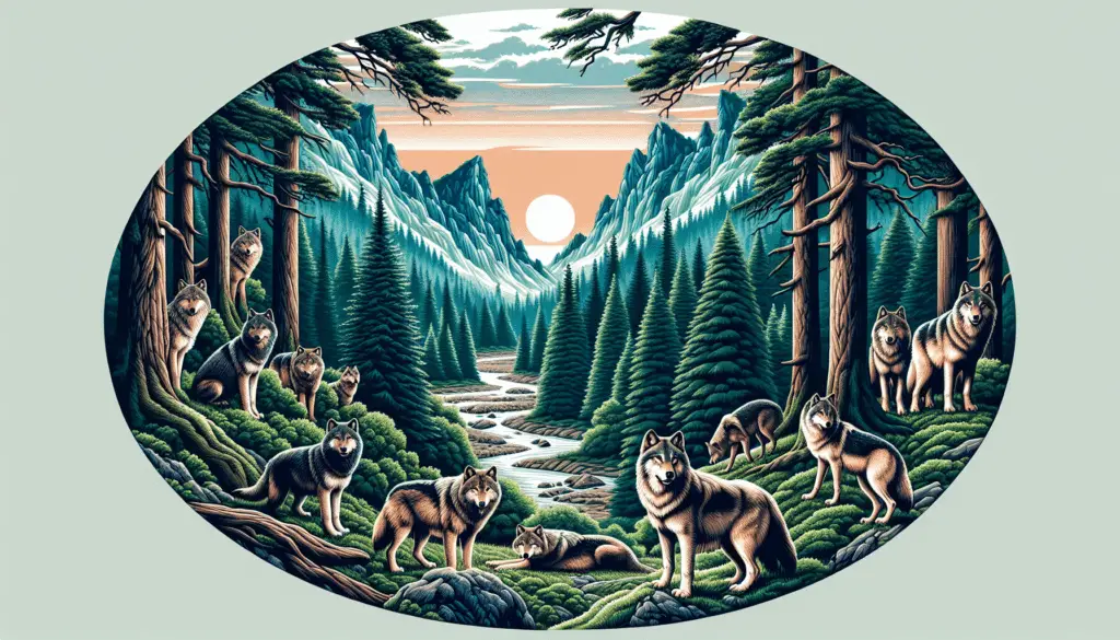 A scenic view of the wilderness depicting a pack of wolves in the heart of a dense forest. There are exactly eight wolves, displaying different postures, some standing alert while others are resting or trotting in the vicinity. The forest is characterized by lush green trees, a meandering river, and jagged mountains in the background. The time of the day appears to be dusk, with soft but intense rays of the setting sun piercing through the tree branches, casting dramatic shadows across the scene. Overall, this is not a populated area, and no recognizable brand logos are visible.