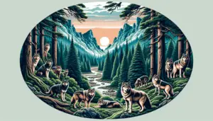 A scenic view of the wilderness depicting a pack of wolves in the heart of a dense forest. There are exactly eight wolves, displaying different postures, some standing alert while others are resting or trotting in the vicinity. The forest is characterized by lush green trees, a meandering river, and jagged mountains in the background. The time of the day appears to be dusk, with soft but intense rays of the setting sun piercing through the tree branches, casting dramatic shadows across the scene. Overall, this is not a populated area, and no recognizable brand logos are visible.