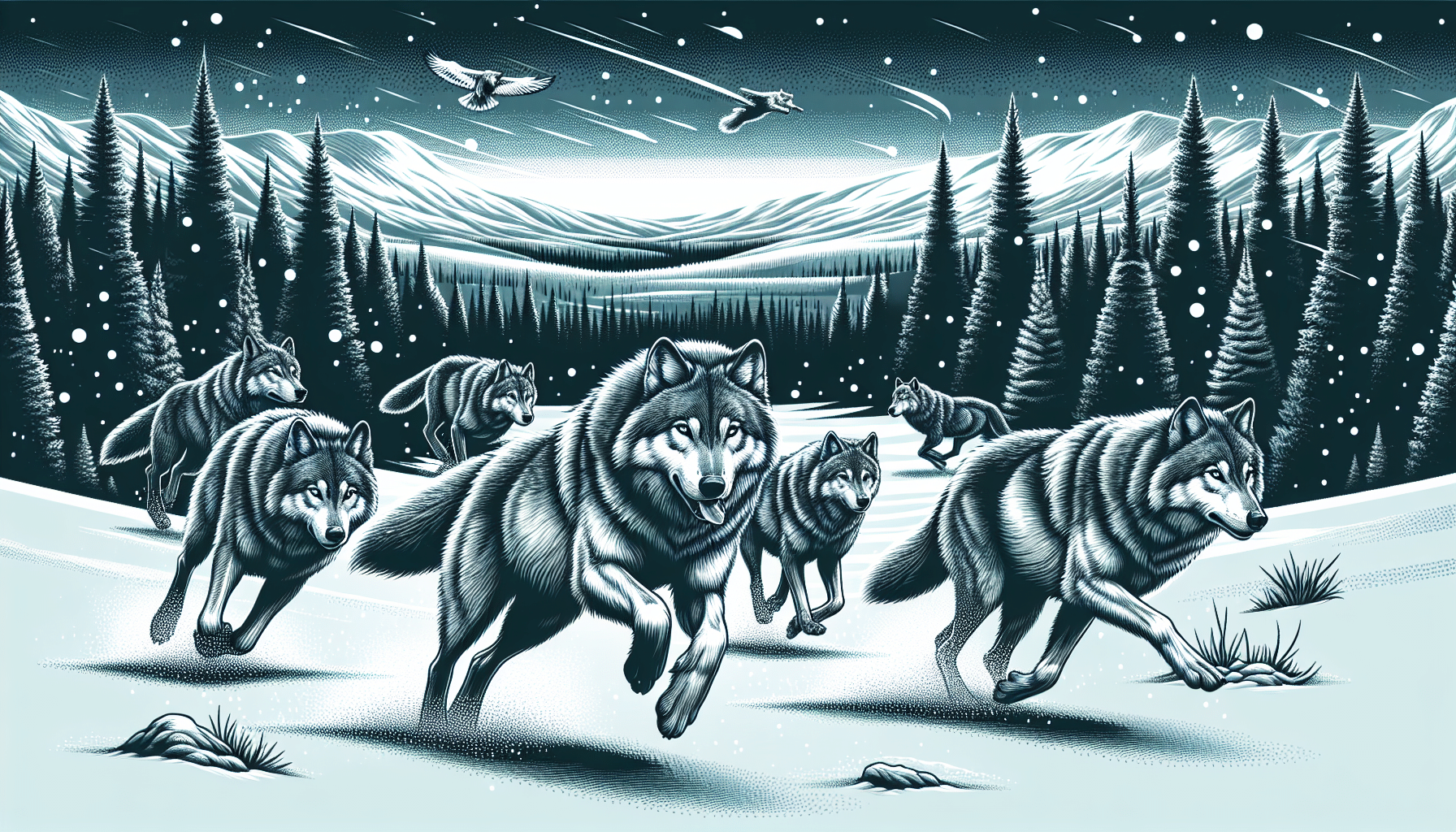 A forest landscape scene showcasing a striking contrast between static and dynamic realms of nature. It features a pack of vigorous and lean wolves executing their iconic gallop, their muscular bodies skillfully negotiate the terrain. Illustrate the grey wolves against the stretching expanse of an Arctic tundra, their fur ruffled by gusty winds to hint at their speed. Snowflakes dot the scene, suspended in space as if frozen in time. Include coniferous trees in the background, standing resilient and unmoved to underline the vitality of the running wolves. Ensure the scene is devoid of any human intervention, text, brand names or logos.