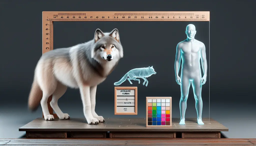 An educative scene illustrating the size comparison between wolves and an invisible human average height. This setup includes a realistic full-grown gray wolf, in a profile view, vertically aligned in front of a scale marked in feet and inches. Beside it, a translucent ghost-like human shape to indicate average human height without showing the actual person. Colors should be natural and scene set in a broad daylight environment. Make sure no text or logos are visible in the image.