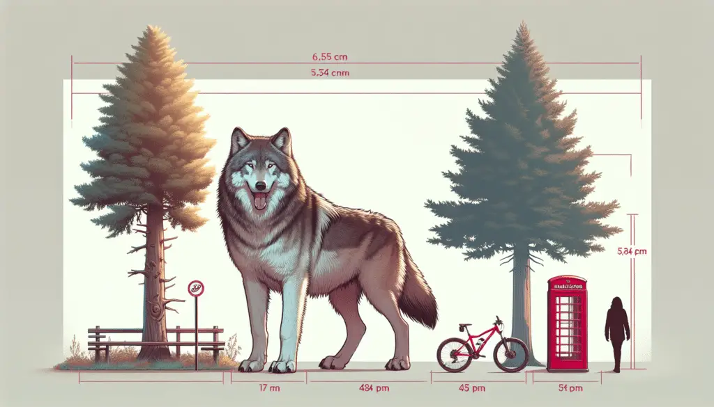 Illustrate a perspective rendering of a dire wolf standing next to regular objects for size comparison. The objects should be commonly recognizable items, like a full-grown pine tree, a mountain bike, and a telephone booth. Make sure to depict the dire wolf in a natural setting, perhaps at the edge of a forest, to further give the viewer an understanding of its size. Ensure no human figures, text, or brand logos are included in the illustration. The environment should be realistic and make sure lighting conditions indicate a clear daytime setting.