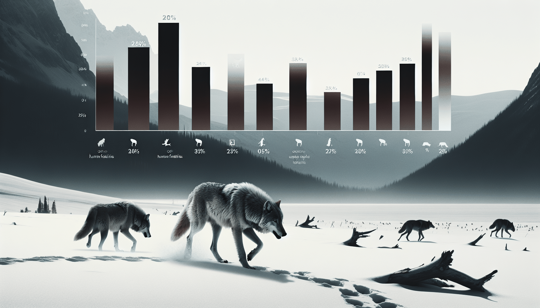 A snowy landscape dotted with tracks, dominated by a pack of wolves moving through the terrain. Alongside, overlay the image with a minimalistic style infographic that shows a bar chart with no numbers or labels. The chart has several undefined bars indicating various statistics, with one highlighted bar symbolizing a specific statistic, presumably human fatalities due to wolves. The scene should have the dull light of a cold winter's day, but with no signs of human life or human-made structures.