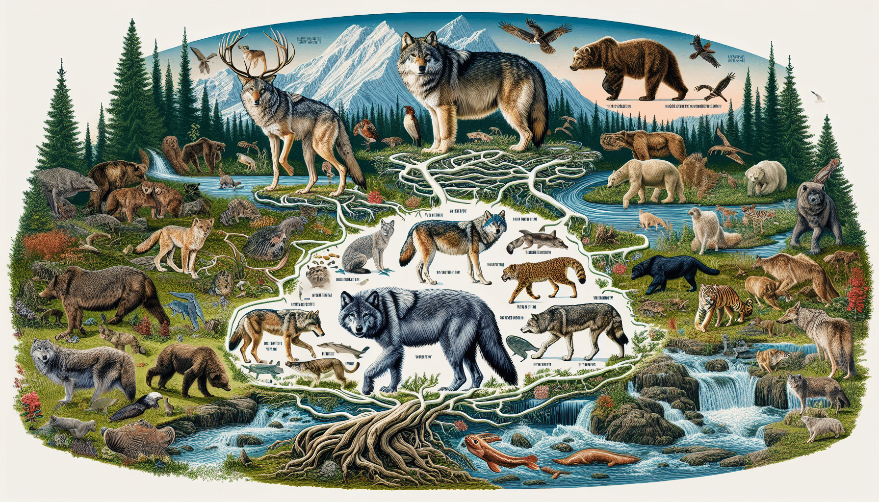 A detailed and vivid illustration displaying a natural ecosystem that indicates the food chain involving wolves. It showcases various larger animals that could potentially prey on wolves, like grizzly bears and big cats. Subtle visual cues, like claw marks or footprints, could indicate the predator's presence. Provide a broad environment with elements like dense forests, streaming rivers, rugged mountains, all indicating the wild and perilous life of wolves. All animal to be fairly realistic and accurate in depiction, but abstract enough to fail to identify a particular brand or species-specific characteristics.