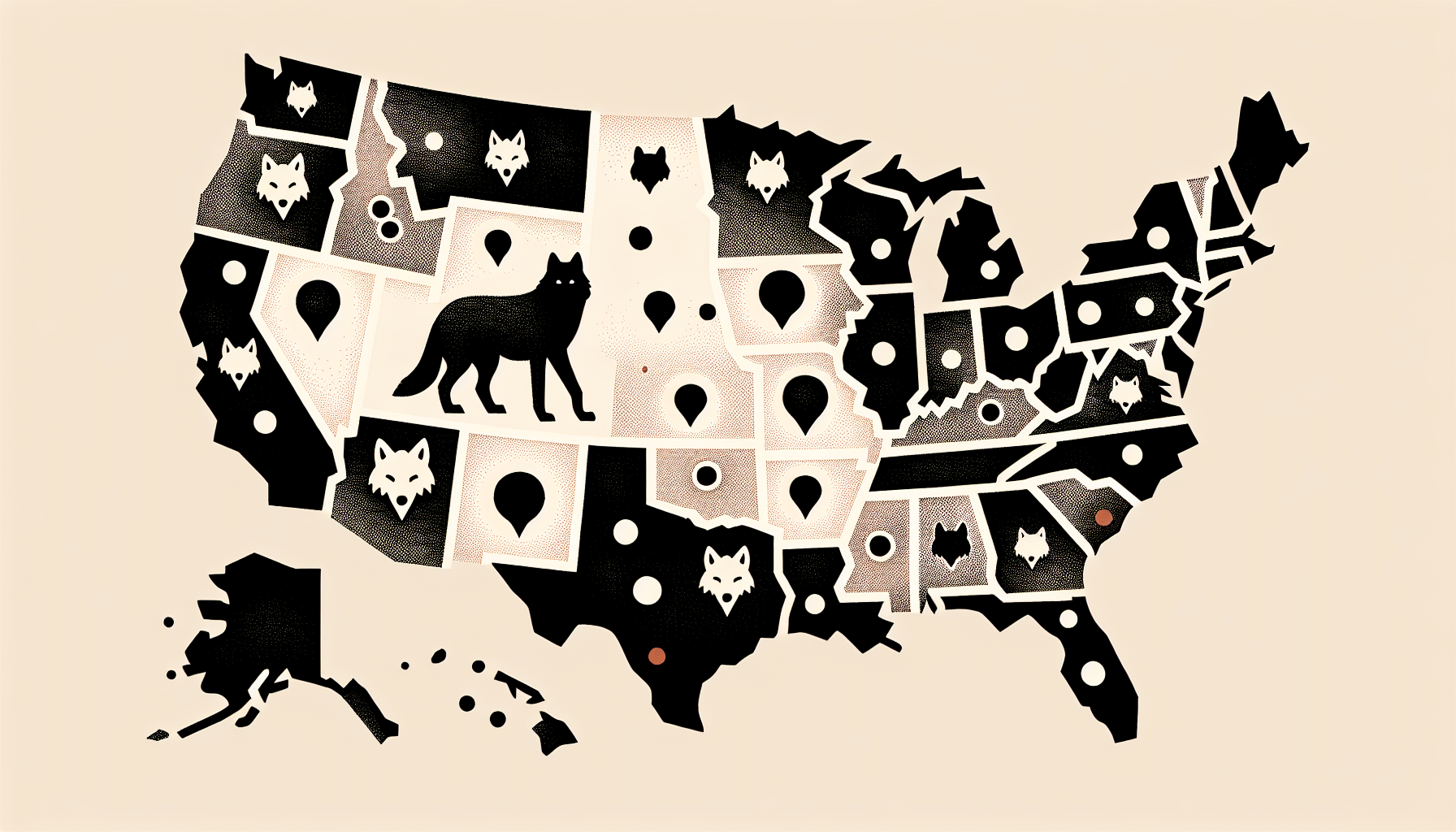 Create an image specifically without text for an article about the geographical spread of wolves in different states. Display a map of the United States and dots or icons representing the presence of wolves in certain areas. Ensure this map has no labels, brand names, logos, or any sorts of text, and is completely devoid of human figures. Make the wolves' representation visually appealing and consistent to help understand where the wolves are mainly located at a glance.