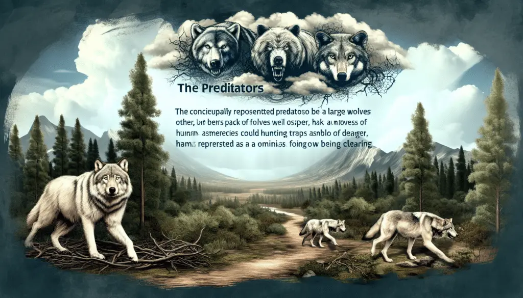 An illustrative image showcasing the predators of wolves. The conceptually represented predators could be large bears, other pack of wolves, humans abstracted as symbols of danger (like hunting traps or a forest being cleared), and sickness represented as an ominous cloud looming. Ensure a visually stimulating depiction with the focus predominantly on the natural environment, with large, looming trees and rugged terrain. This scene is set in a vast wilderness landscape, devoid of any human presence, with no text or brand logos visible anywhere.