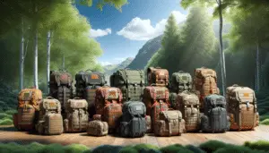 A collection of different types of state-of-the-art hunting backpacks neatly arranged in an outdoor setting. The packs should vary in size, shape and color but should all hint at robust functionality and adaptability to rough terrains. Preferably, the packs should be shown against a backdrop of lush green forest under a clear, sunny sky. Please ensure that no human figures, text, brand names, or logos are visible in the depiction.