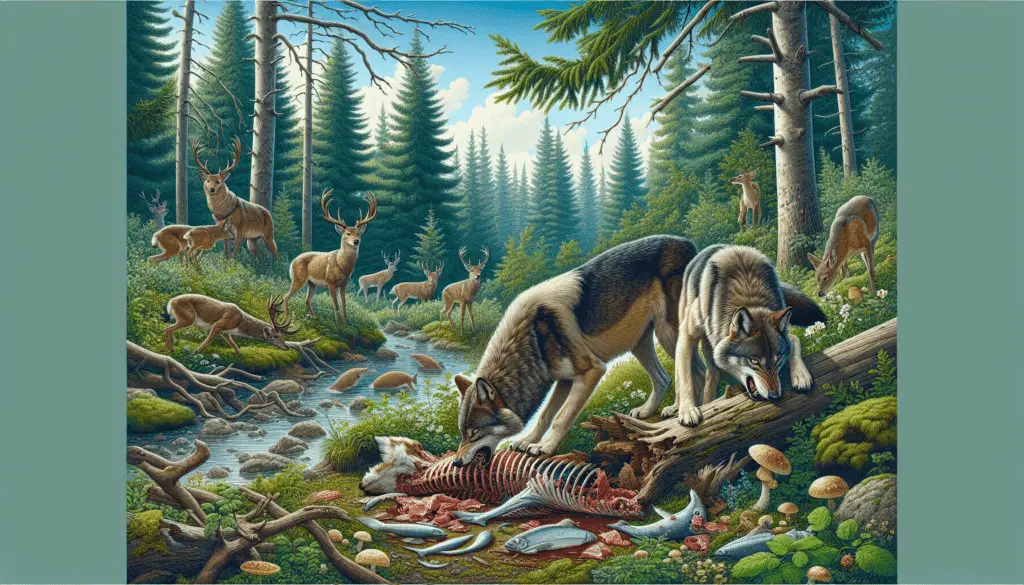 A typical scene from a forest with a pack of wolves. Three wolves are clearly visible, one wolf is feasting on some fish near the edge of a stream, another wolf is gnawing on a carcass of deer with some meat and bones visible, the third wolf is chasing a rabbit in the distance. The surrounding reveals a thick forest with variety of trees, plants, fallen foliage and mushrooms. There is also a clear blue sky peeping through the hefty green canopy of trees. No human interactions, brand names or logos are included in the scene.