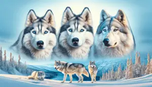 An enchanting Arctic landscape highlighting the uncanny resemblance between Siberian Huskies and wolves. There's a couple of huskies with their thick coats of white and grey fur in the foreground, looking majestic with their blue eyes and alert ears. Nearby, a couple of wolves, equally as mesmerizing, stand with their muzzles pointed skyward. This image reflects the beauty of the natural environment where these creatures commonly reside and subtly accentuates their similar physical characteristics.