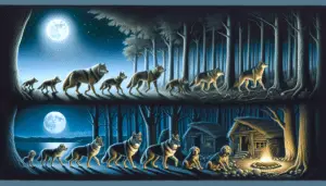 Illustrate the evolutionary journey of wolves into dogs without text. The scene should start on the left side with a wild, beautiful wolf in a dense forest under the silver moonlight. As we move towards the right of the frame, the forest starts to gradually merge into an early human settlement showing huts and fire pits. The wolf on the left progressively changes, displaying stages of domestication: the wolf morphs into a more domesticated creature resembling our modern dogs. On the right, the scene concludes with a warm, inviting household with the final image of a loyal, obedient dog.