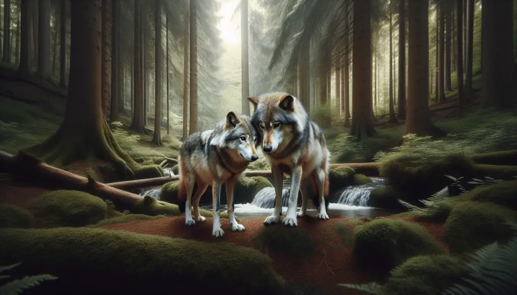An image capturing the natural behavior of wolves in a serene forest environment. Two wolves are visible, one male and one female, with an evident connection between them. They are standing close together in a bonding behavior, showcasing the candid and raw moment in the animal kingdom. The environment around them is filled with towering trees, a clear stream flowing nearby, and a carpet of green foliage on the forest floor, enhancing the sense of wilderness but doesn't contain any human-made objects, brands or text. The atmosphere is peaceful and somehow romantic.