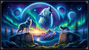 A serene late-night spectacle featuring a vibrant scene centered around a couple of majestic wolves. These animals are framed by a mystical night sky filled with shining stars, radiant, soft moonlight, and wisps of ethereal northern lights. In the foreground, one wolf is howling towards the sky, invoking spiritual symbolism, while the other wolf intently gazes towards the scenic view, representing introspection. Ancient spiritual symbols discretely integrated into the scenery, perhaps etched into rocks, add to the theme without explicitly including text. Keep the setting devoid of all human presence, brand names, and logos.