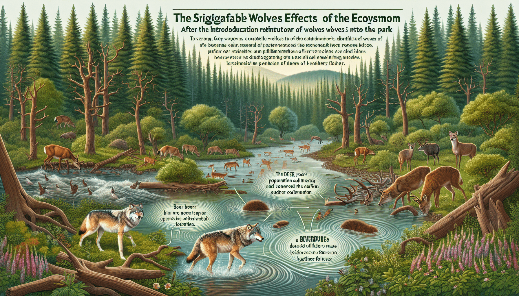 An enchanting wildlife scene showing the significant ripple effects in the ecosystem after the reintroduction of wolves into the park. Several grey wolves hunt in a dense forest with a river flowing in the background. The deer population is being controlled and tree saplings are beginning to flourish. The rise in beaver colonies due to increased vegetation and the proliferation of songbirds rejoicing in the healthier foliage. No branded items, people, or text included. All elements demonstrate how reintroducing wolves has revivified the ecosystem.