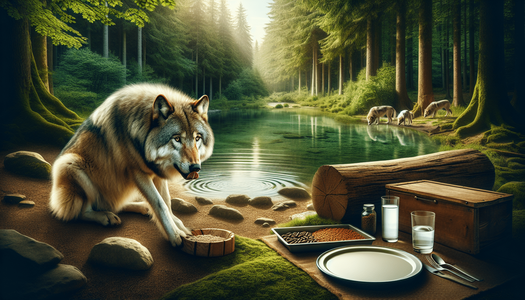 A serene and captivating scene featuring a mature, healthy wolf residing in a secure, well-maintained wildlife sanctuary. The wolf lingers by a clear pond, drinking from the water, while surrounded by lush forest. Wildlife caretakers' tools are nearby; a carefully composed meal set out but not branded, and a non-texted information plate. No humans are in the scene, and there's also no presence of text or logos anywhere in the image.