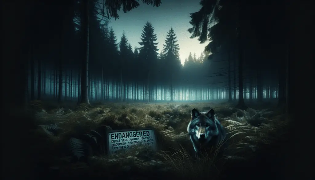 An atmospheric image of an expansive, tranquil forest during twilight, with a wolf cautiously peering out from the undergrowth. Looming in the background is a large 'Endangered Species' sign. Be sure to exclude any human presence, brand names, or any form of text implied visually or conceptually within the image.