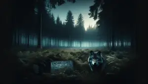 An atmospheric image of an expansive, tranquil forest during twilight, with a wolf cautiously peering out from the undergrowth. Looming in the background is a large 'Endangered Species' sign. Be sure to exclude any human presence, brand names, or any form of text implied visually or conceptually within the image.