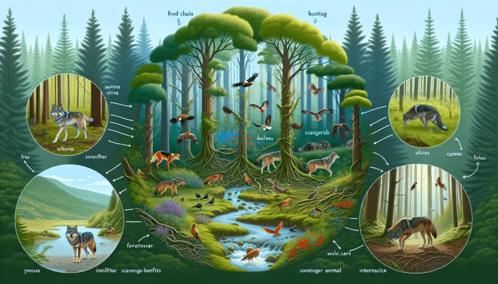 Visual representation of an ecosystem showcasing the integral role of wolves. In a dense, vibrant forest, depict a pack of wolves interacting with their surroundings. The wolves can be seen actively engaged in hunting, which forms part of the food chain. Next, show the after-effects of their hunting activity, with scavenger animals such as birds and foxes coming to clean up the remains. Also, illustrate a nearby stream with healthier, lush vegetation, signifying the ecological balance maintained by the wolves. Lastly, animate a distant view of the forest bouncing back demonstrating the indirect benefits like prey control and vegetative growth brought by wolves.