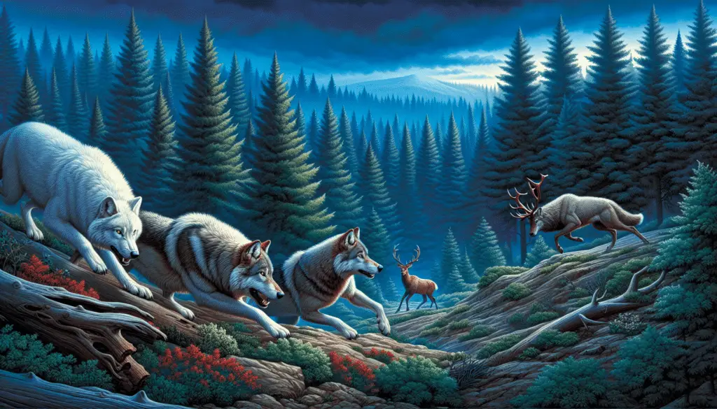 Depict a detailed and dynamic woodland scene capturing a pack of wolves engaged in a hunt. There should be three wolves with keen expressions, showcasing clearly their coordinated teamwork. The terrain should be rugged with towering evergreen trees blanketing the background. In the distance, a lone elk can be seen unaware of the impending danger. The sky should be deep blue with a touch of twilight, adding suspense to the moment. Make sure no human presence, brand names, text, or logos are visible in the scene.