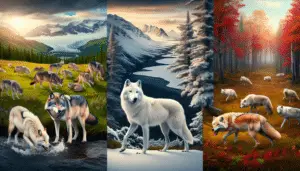 A variety of wolves from different species spread out in a natural landscape. On the left, a pair of gray wolves placidly roam in a lush green field. In the center, coat brilliantly white, an arctic wolf navigates through a snow-blanketed terrain. To the right, a red wolf with its unique reddish-tan coat prowls through an autumnal forest. Each environment is distinct, showcasing various habitats of these species. The background seamlessly transitions between these three settings, playing homage to the diverse climatic conditions wolves adapt to. No human presence or synthetic elements interfere with this captivating snapshot of nature.