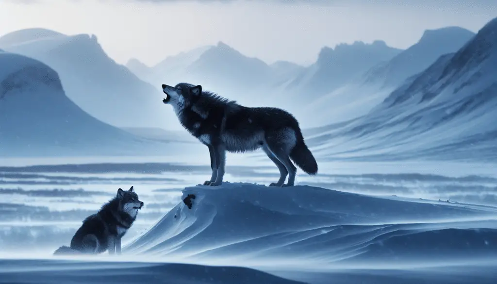 A serene snowy landscape where a pack of charcoal black and smoky grey wolves can be seen. The dominant wolf, standing on a slightly elevated snow mound, bravely faces the gusty wind, its mouth open as if howling. This could suggest the communication method of howling. Another wolf, a short distance away, is crouched low to the ground, ears pricked, gazing intently at its fellow pack member, signifying attentive listening. Light snow is falling, and behind, in the twilight, icy-blue mountains spread across the horizon, void of any human presence, text or brand names.