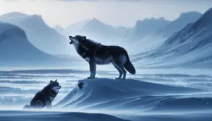 A serene snowy landscape where a pack of charcoal black and smoky grey wolves can be seen. The dominant wolf, standing on a slightly elevated snow mound, bravely faces the gusty wind, its mouth open as if howling. This could suggest the communication method of howling. Another wolf, a short distance away, is crouched low to the ground, ears pricked, gazing intently at its fellow pack member, signifying attentive listening. Light snow is falling, and behind, in the twilight, icy-blue mountains spread across the horizon, void of any human presence, text or brand names.