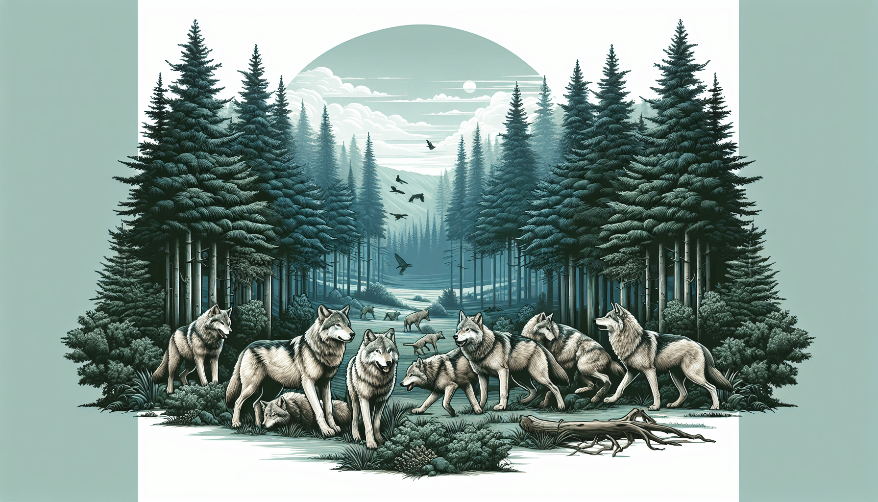 A serene and wild natural landscape with dense pine trees. At the heart of the scene, a pack of majestic grey wolves are playing, showcasing their social structure and instincts. The wolves are interacting with each other, some are playing, some are hunting small animals, displaying their natural behavior. Use this setting to symbolize the theme of 'Wolves as Pets,' subtly invoking the understanding that wolves belong to the wild and not domestic environments. There should be no presence of humans, text, logos or any sort of branding.